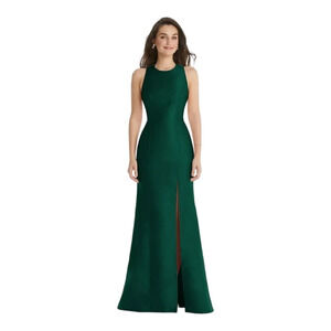 DESSY COLLECTION [8] JEWEL NECK BOWED OPEN-BACK TRUMPET DRESS WITH FRONT  SLIT